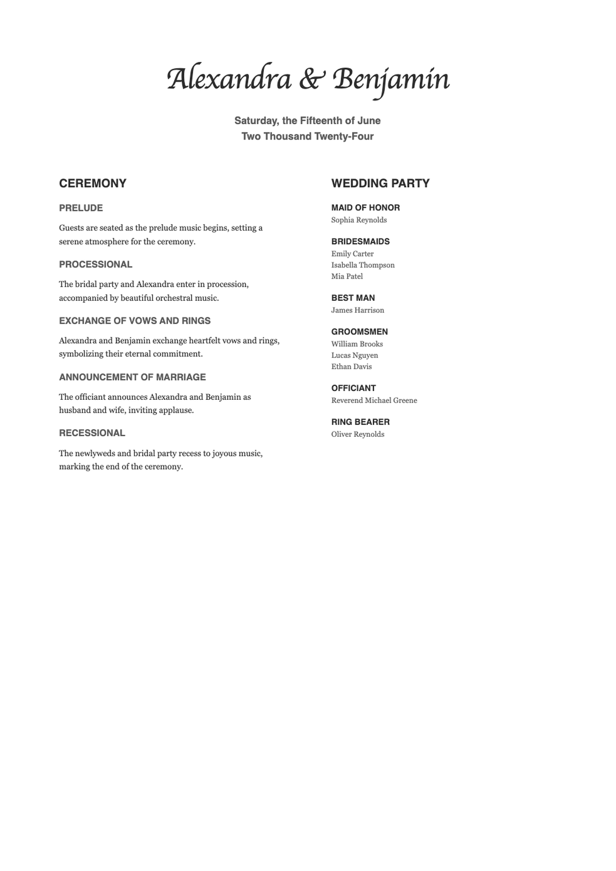 Elegant wedding program with calligraphy names and rose accent_variant_2